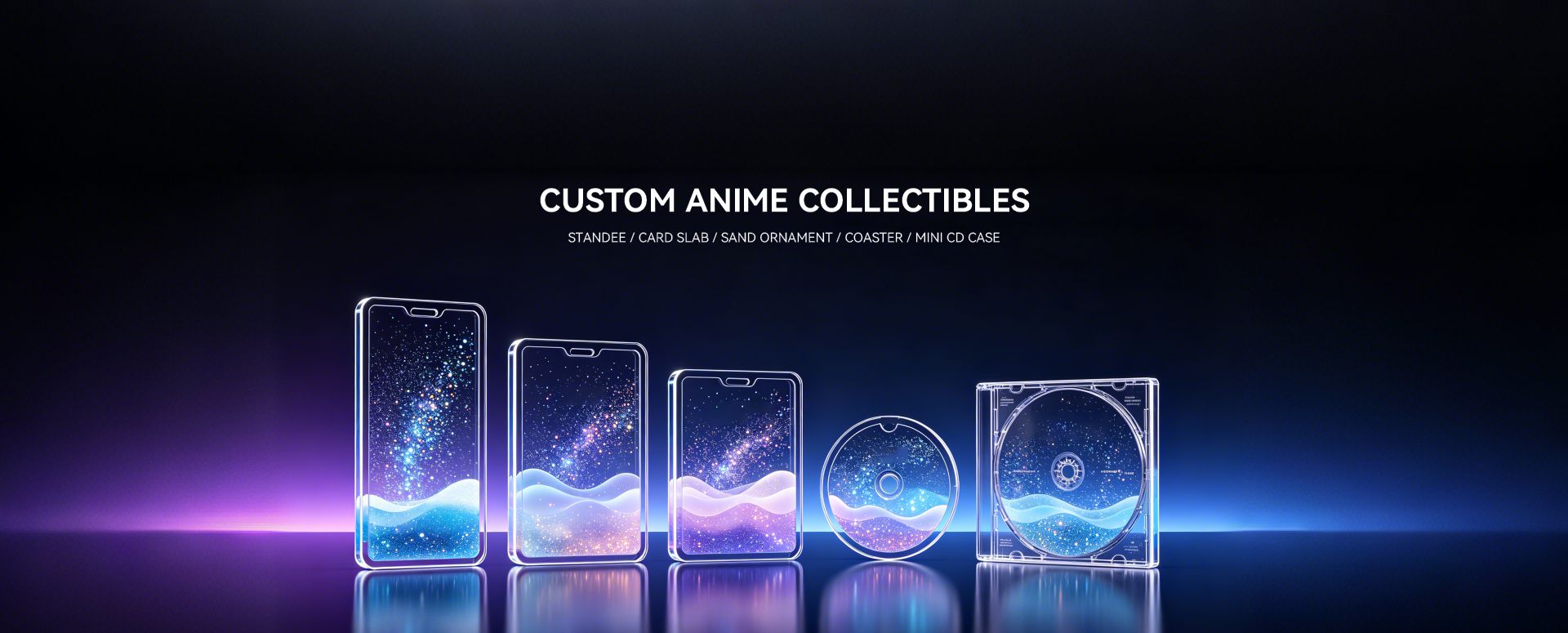 Custom anime collectibles: standee, card slab, sand ornament, coaster, mini CD case